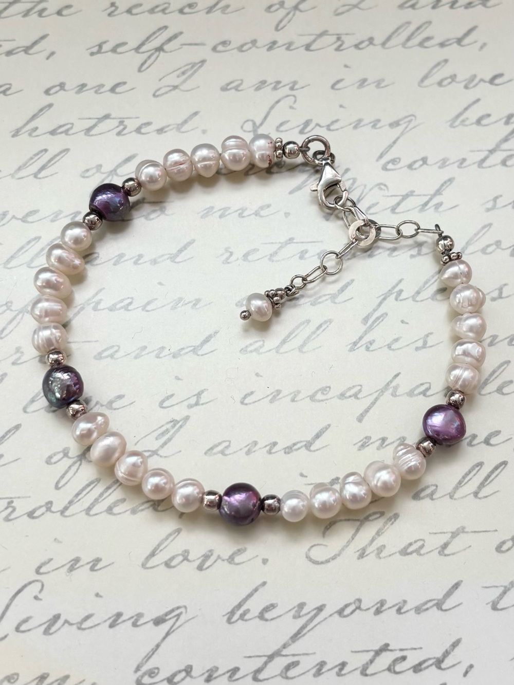 Freshwater Pearl Sterling Silver Bracelet with Purple Pearl Accent Beads